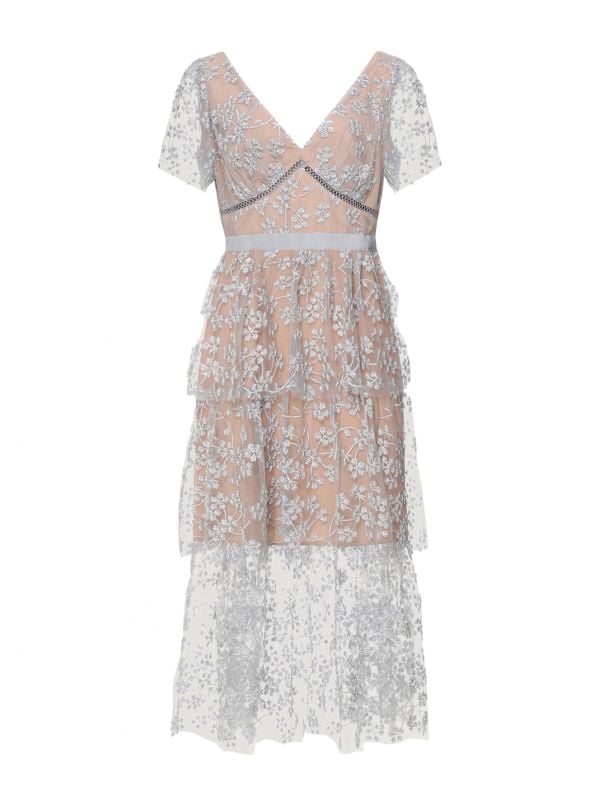 Self-Portrait Grey Embroidered Blossom Tiered Midi Dress